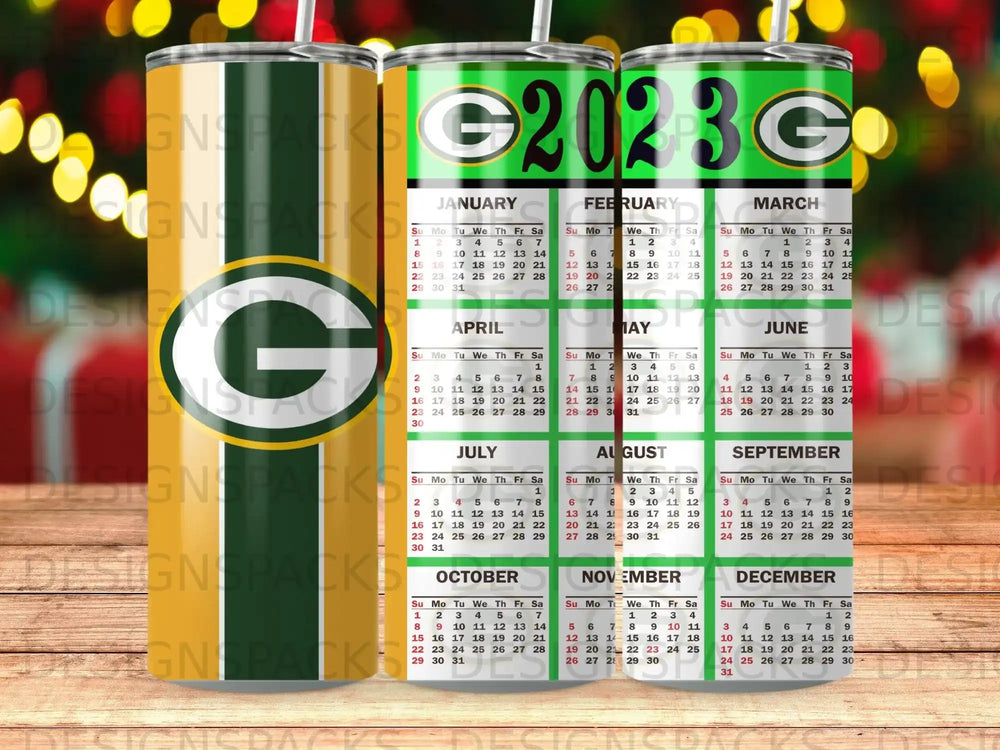 2023 calendar tumbler with green and white G logo.