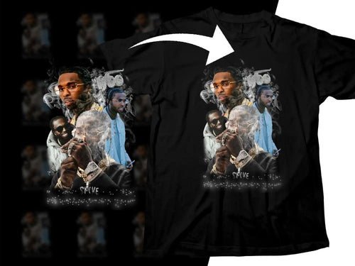 Black t-shirt with graphic print of men in stylish outfits, smoke effects, and 'SMOKE' text