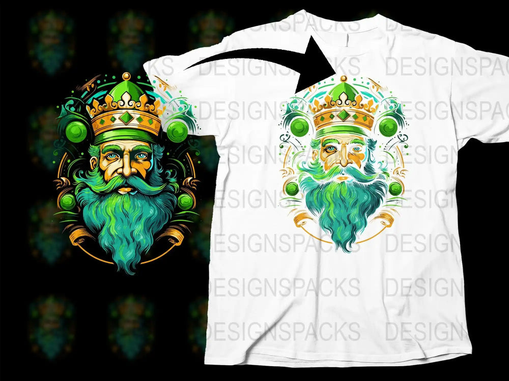 Green-bearded king design on white t-shirt, print-ready for DTG or DTF