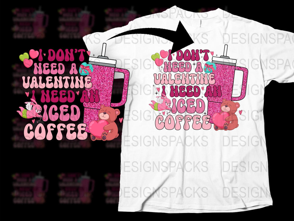 Valentine's Day T-Shirt Iced Coffee Lover Graphic Tee Pink Glitter Mug Design Casual Wear