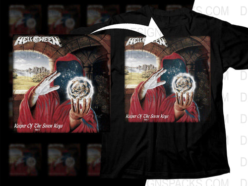 Helloween 'Keeper of the Seven Keys' t-shirt design with wizard holding glowing orb