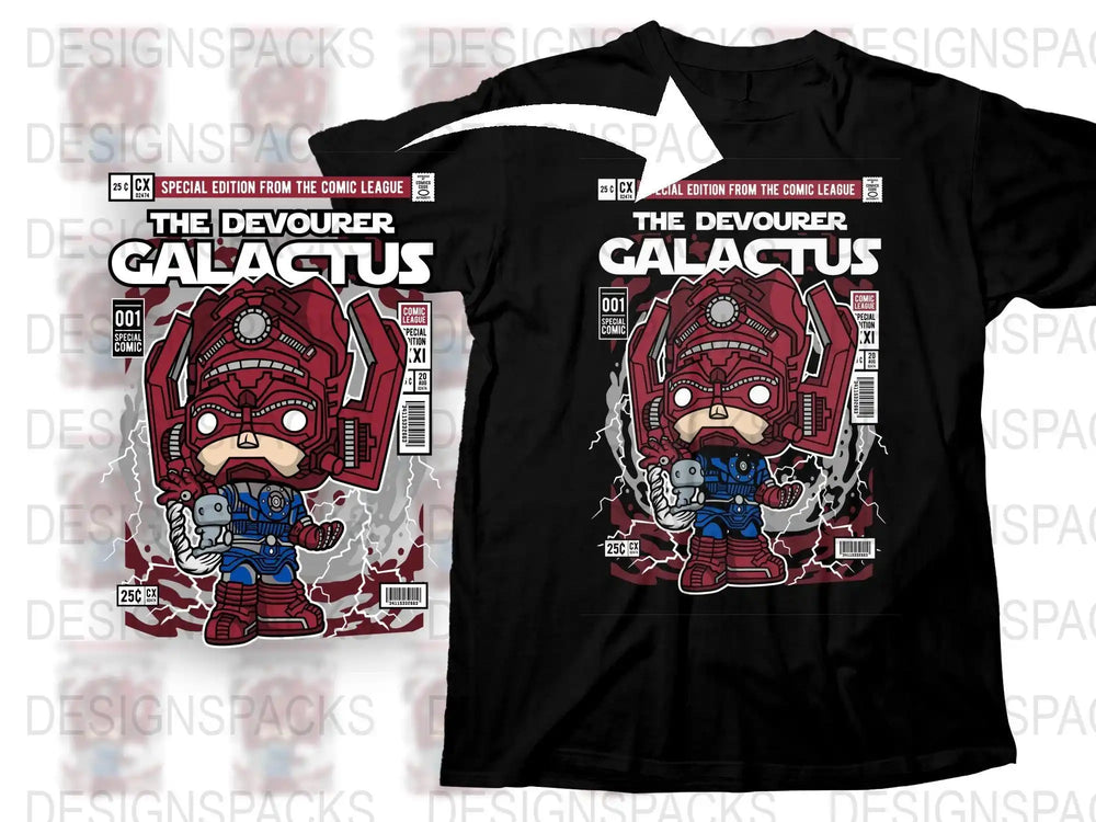 The Devourer Galactus comic-style t-shirt design with red and blue robot character, lightning effects, and special edition text.