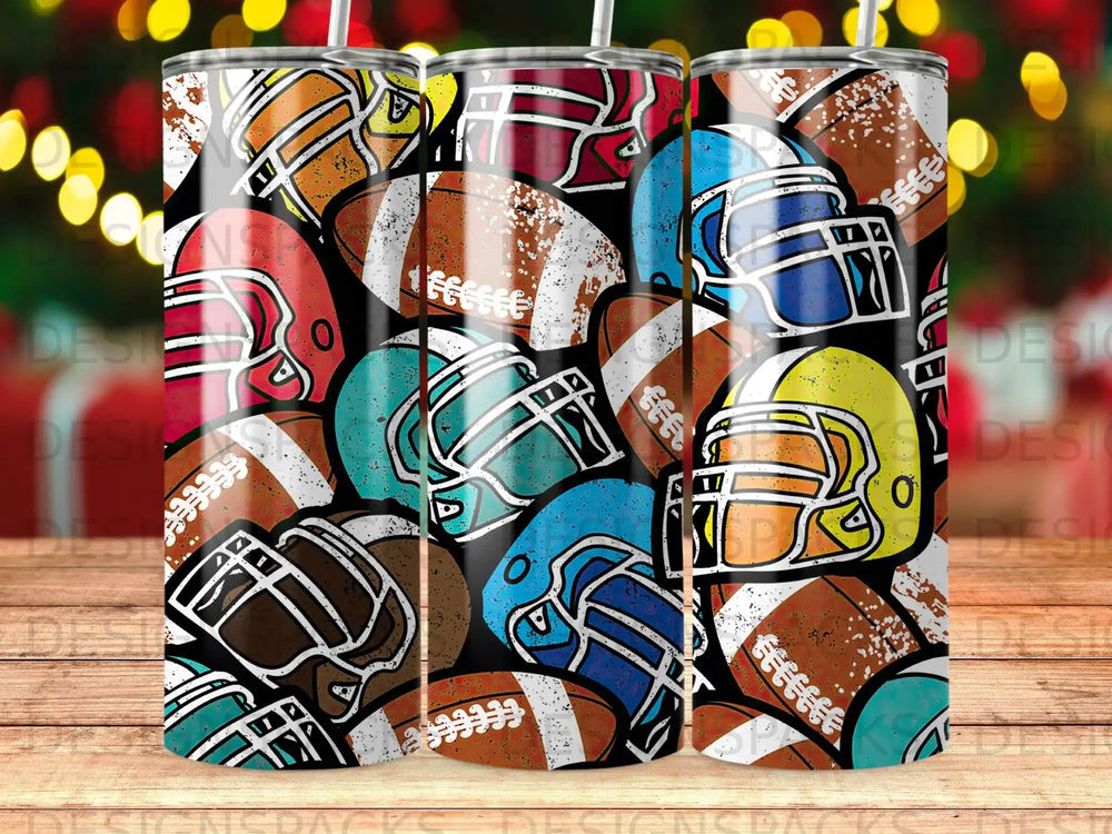 Collage of American footballs and helmets in vibrant colors.