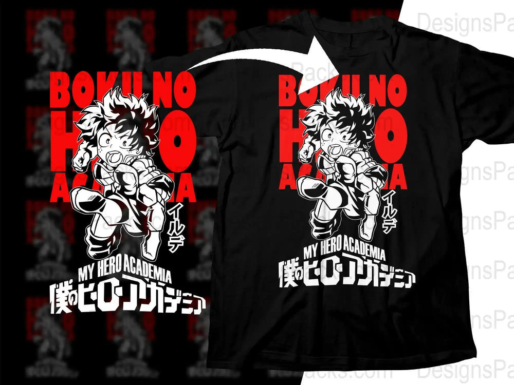 My Hero Academia anime t-shirt design with bold red text and dynamic character art