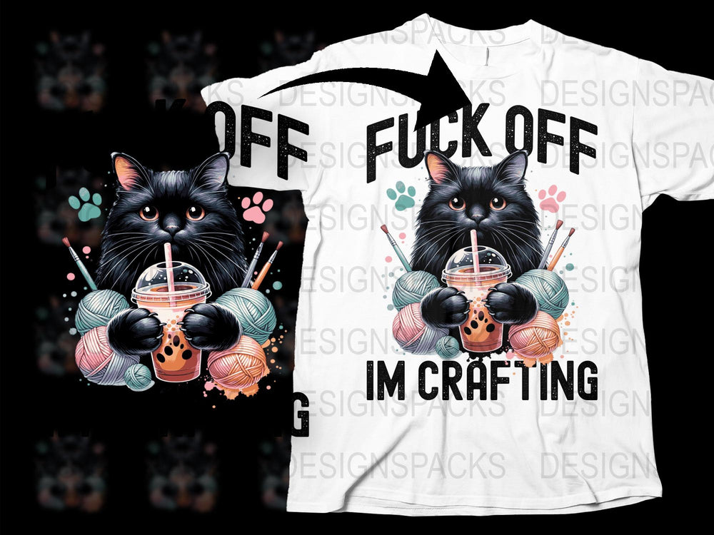 Funny Cat Crafting T-Shirt, Cute Black Cat Drinking Bubble Tea, Unique Graphic Tee for Crafters, Gift Idea