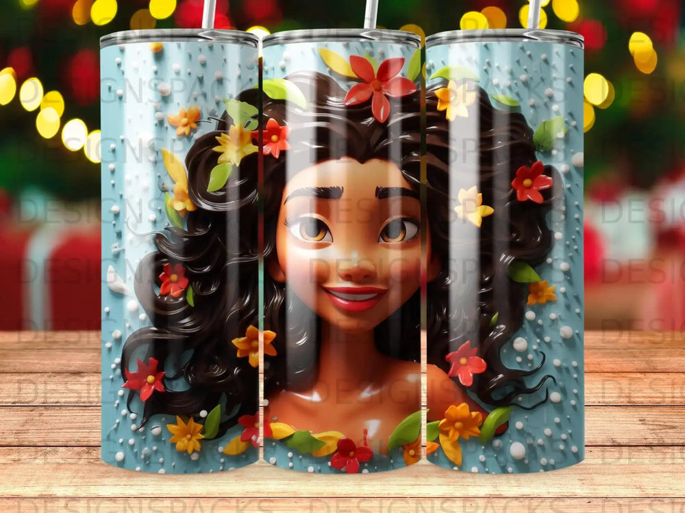 Moana with flowers in her hair, surrounded by floral accents.