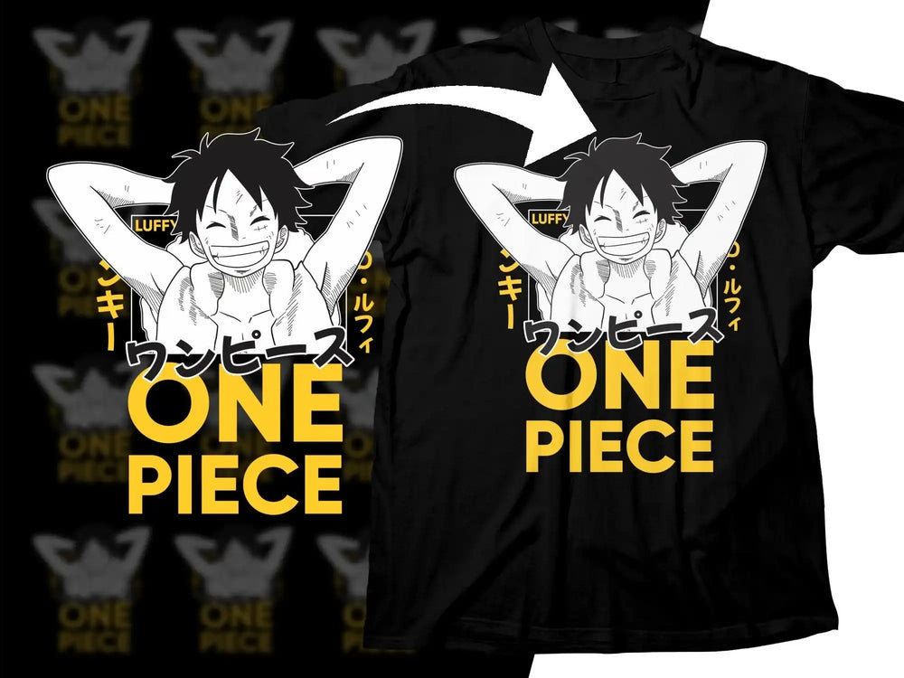 One Piece Luffy anime t-shirt design with bold yellow text, print-ready for DTG or DTF