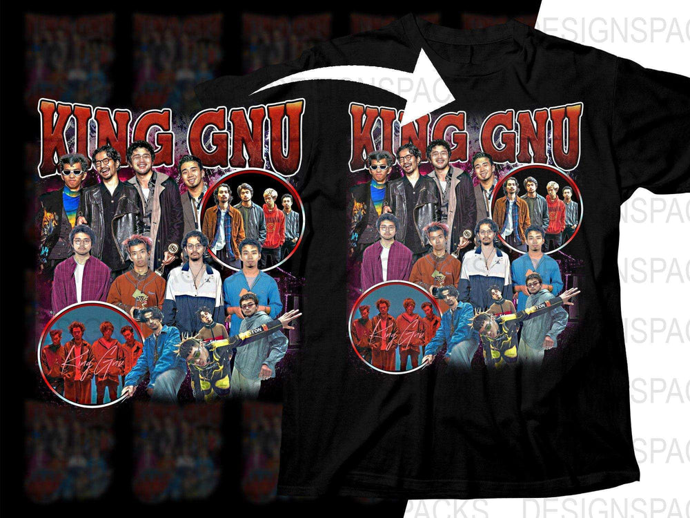 King GNU band collage t-shirt design, print-ready for DTG/DTF, featuring group photos and bold text