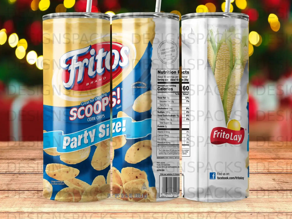 Fritos Scoops Corn Chips party size bag with nutritional information.