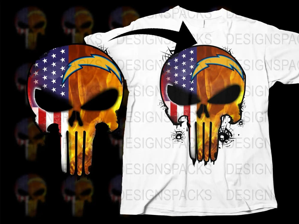 American flag skull with Chargers bolt, fire effect, print-ready for t-shirts, DTF/DTG design