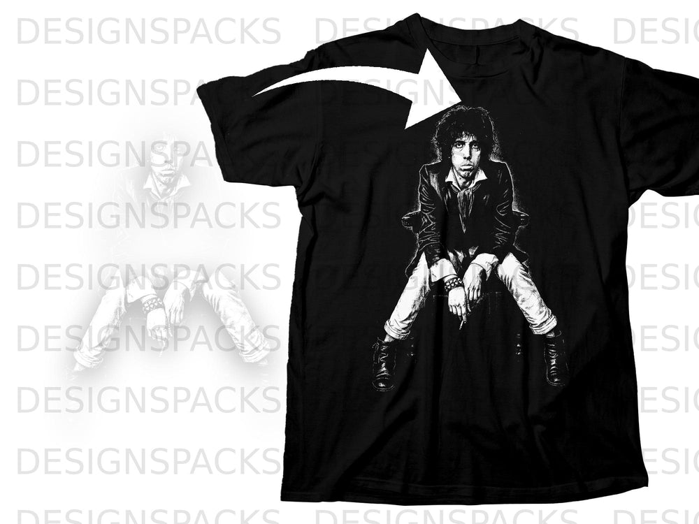 Black t-shirt with black and white graphic of a seated musician.
