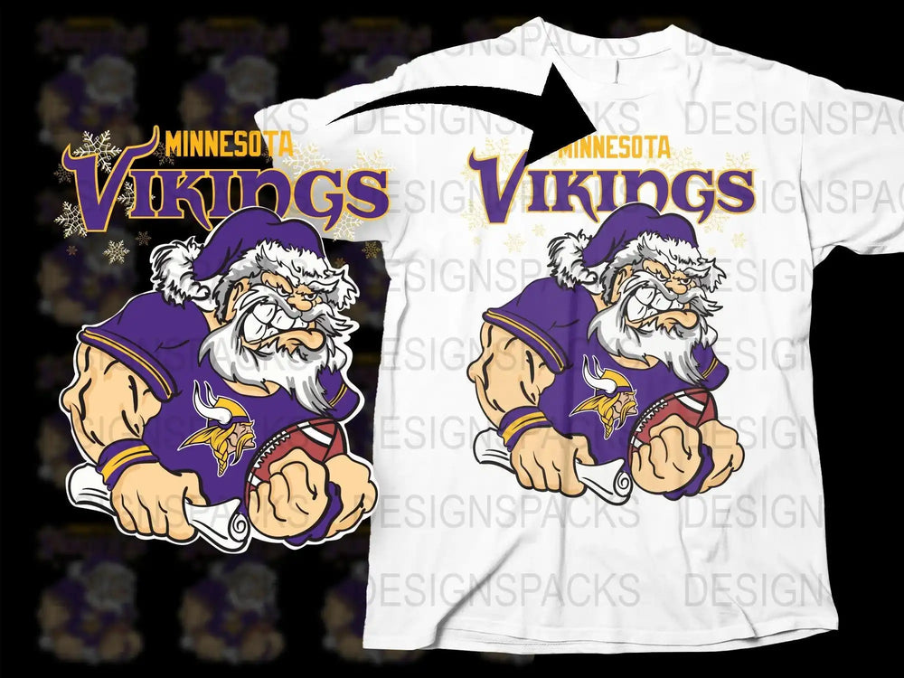 Minnesota Vikings Santa design for t-shirts, DTF/DTG print-ready, festive football graphic with snowflakes