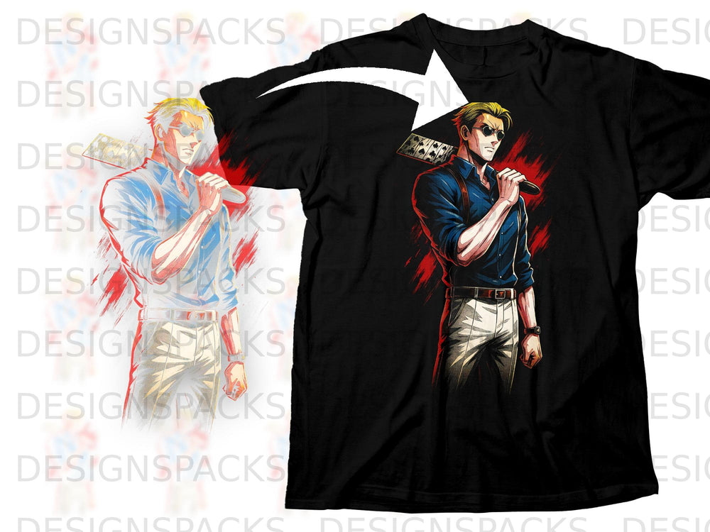 Anime character with blonde hair and sunglasses holding a weapon on a black t-shirt.