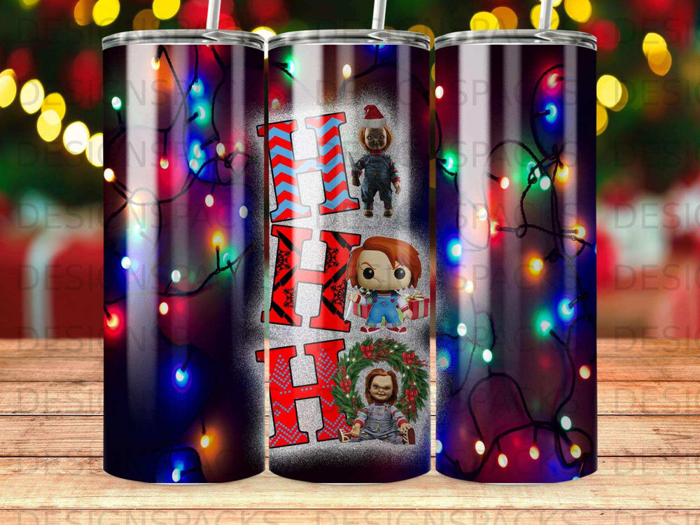 Christmas tumbler with Chucky figures and "HA HA HA" text.