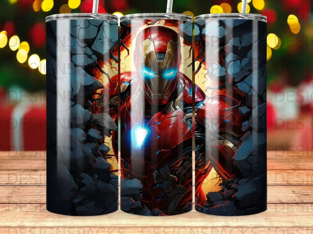 Iron Man emerging from broken concrete wall, glowing eyes.