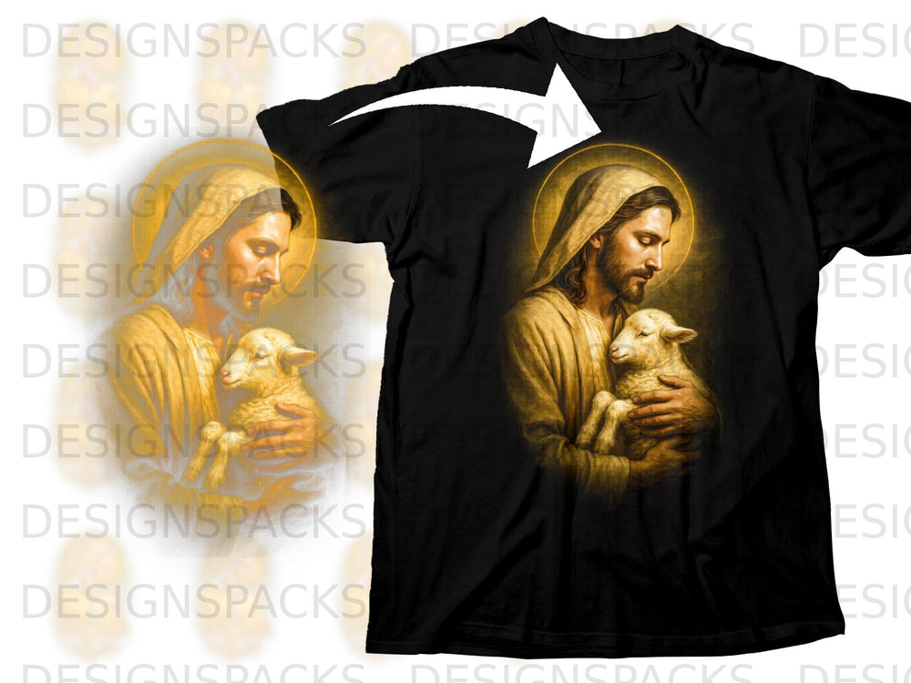 Black t-shirt featuring Jesus holding a lamb with a golden halo.