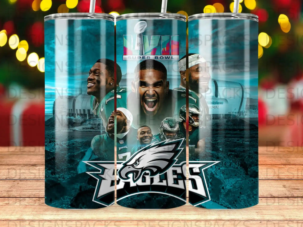 Philadelphia Eagles Super Bowl LVII collage with players and stadium.