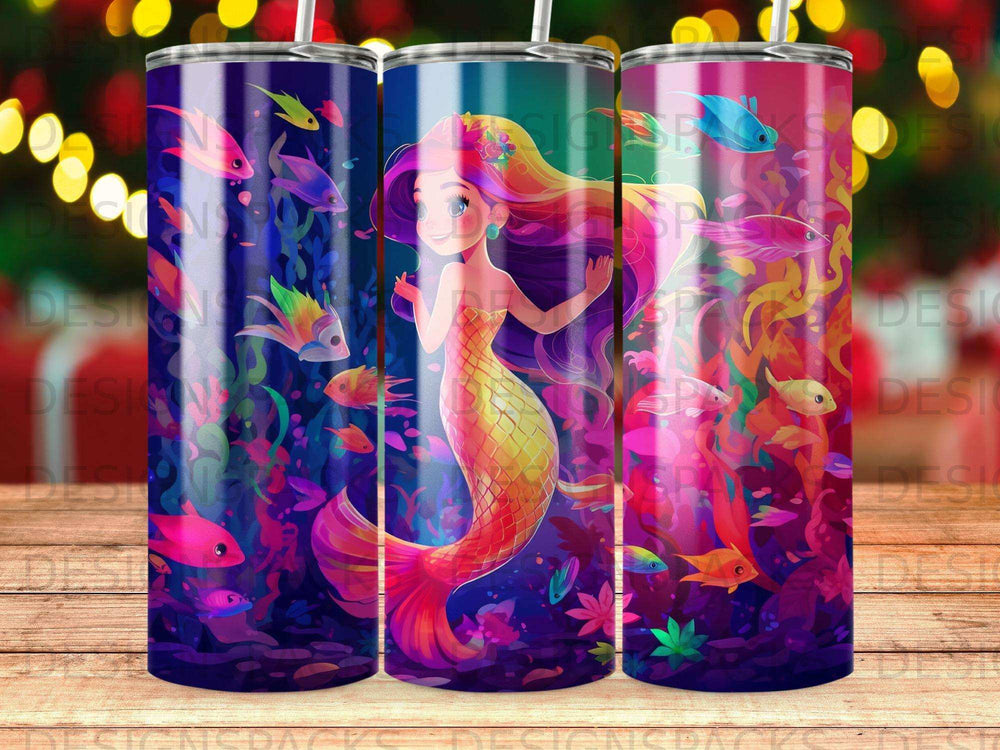 Mermaid with colorful tail and flowing hair surrounded by vibrant underwater flora and fauna.