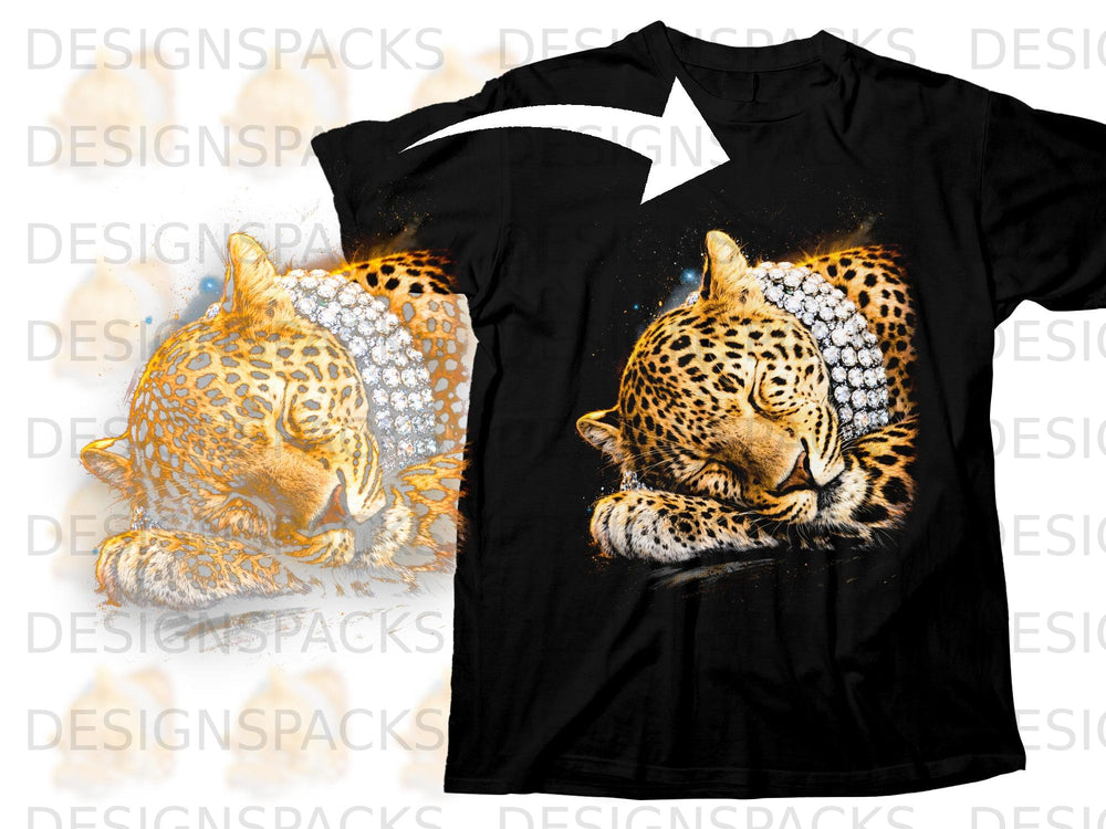 Black t-shirt featuring a detailed leopard illustration with diamond embellishments.