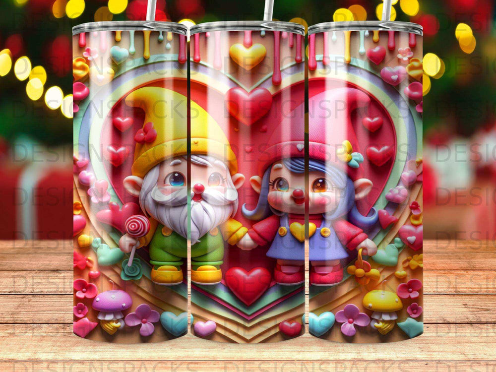 Two gnomes with lollipops stand before a heart with Valentine's Day decorations.