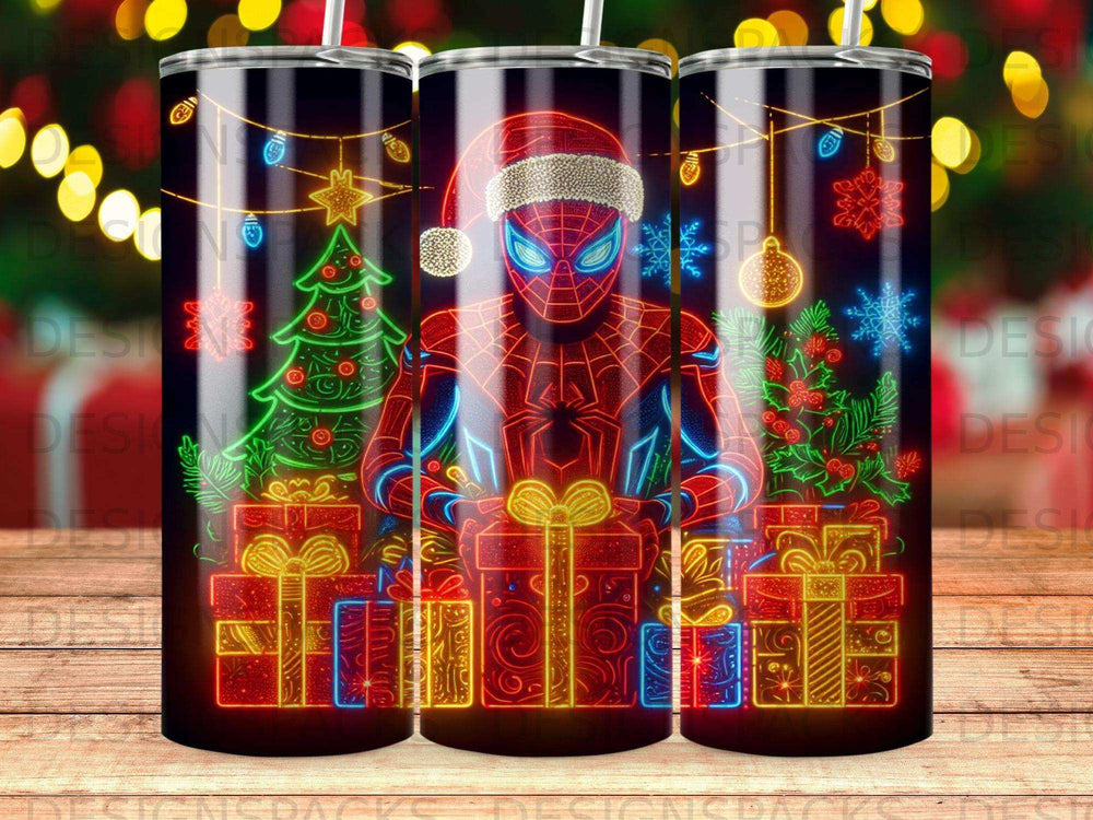 Spider-Man in Santa hat with Christmas tree and gift boxes, neon lights.
