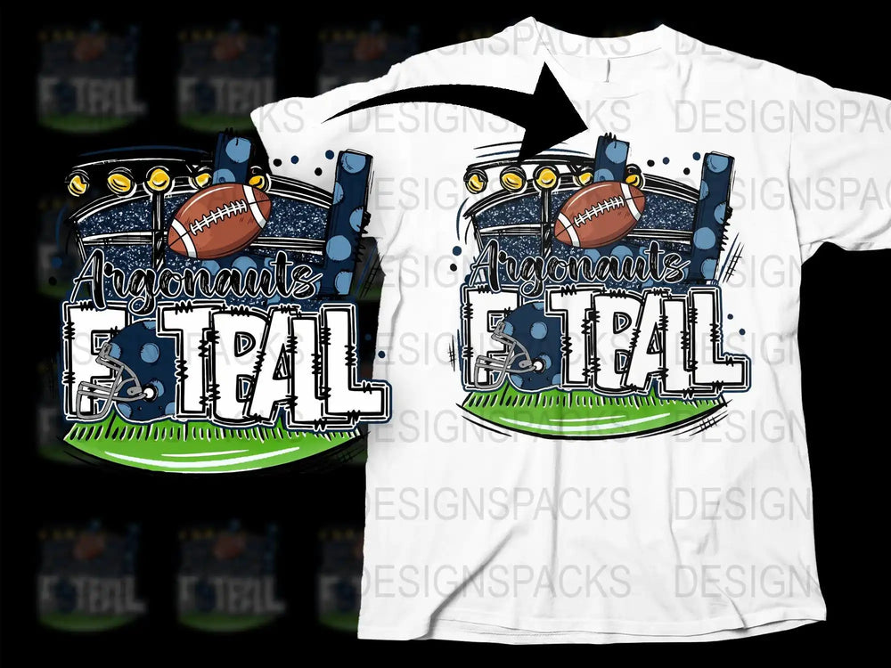 Argonauts Football design on white t-shirt with stadium lights and helmet graphic