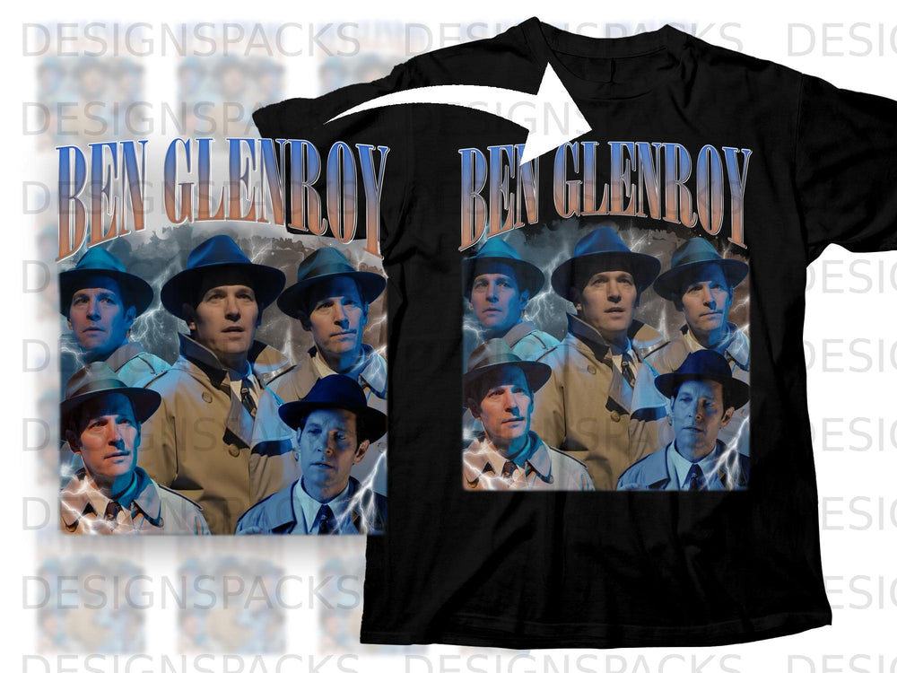Black t-shirt with "BEN GLENROY" text and collage of a man in a trench coat.