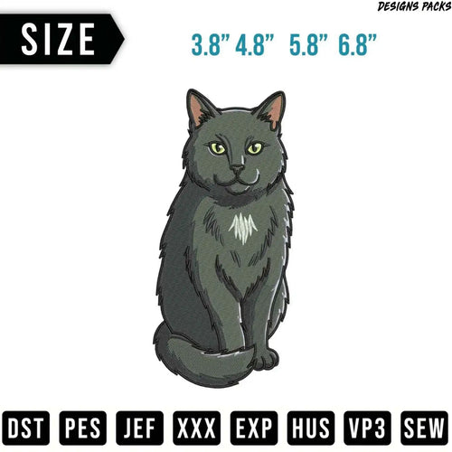 Gray cat embroidery design with size options and file formats.