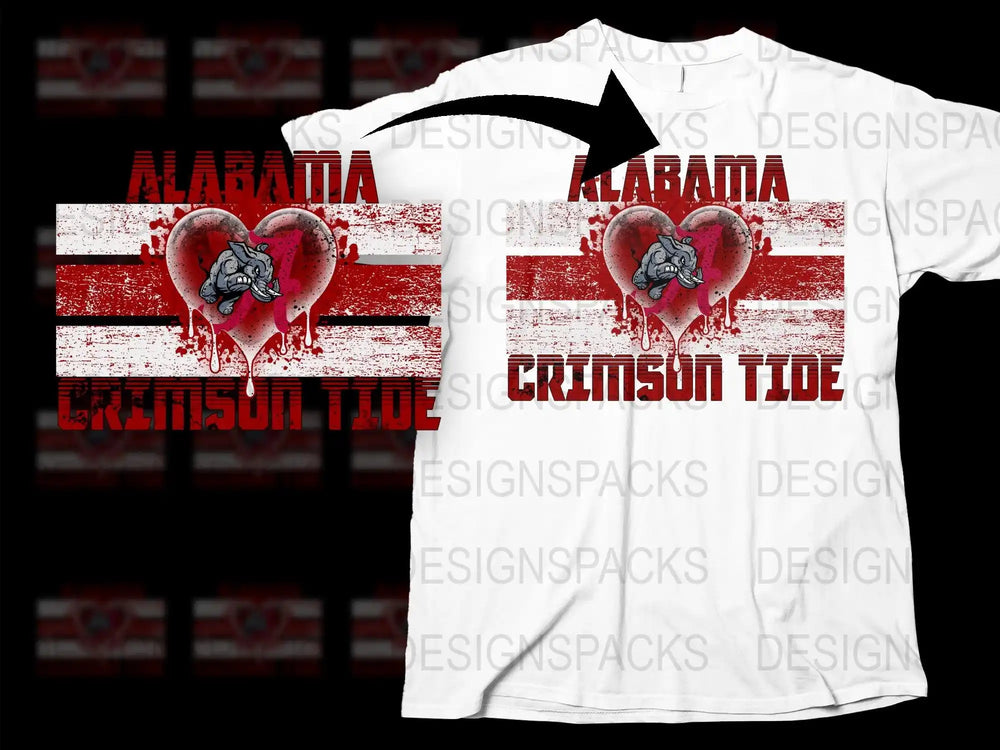 Alabama Crimson Tide t-shirt design with elephant heart graphic and distressed stripes