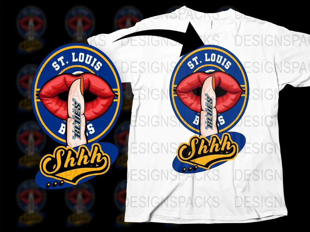 St. Louis Blues Shhh design on white t-shirt, featuring red lips and finger, print-ready graphic