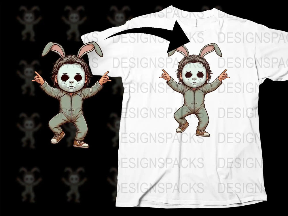 Cute bunny-eared Michael Myers design for t-shirts, print-ready PNG, DTF/DTG compatible