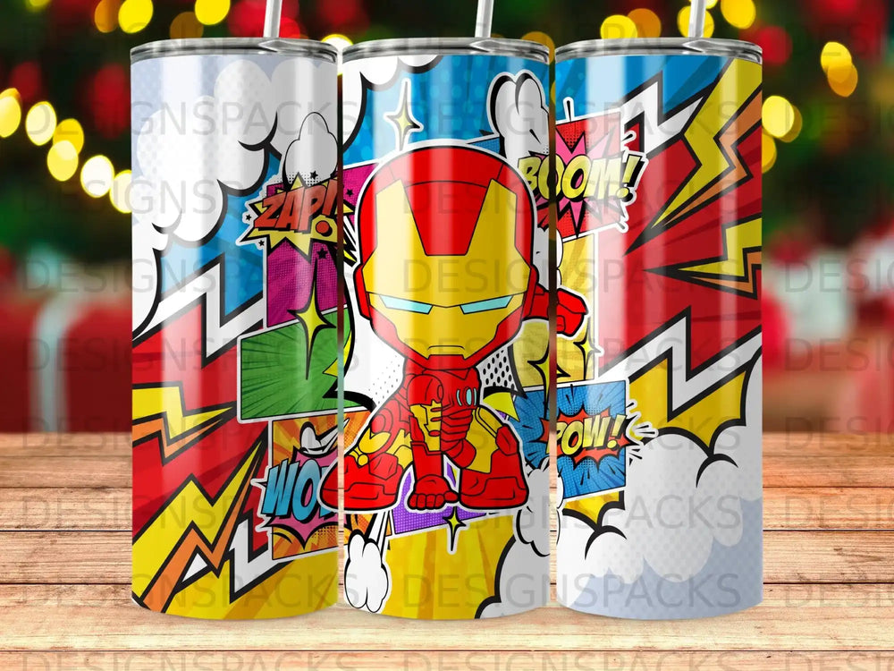 Iron Man superhero design on a tumbler with comic book style illustrations.