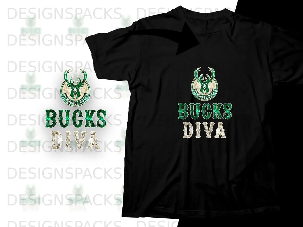 Black t-shirt with Milwaukee Bucks logo and "BUCKS DIVA" text.