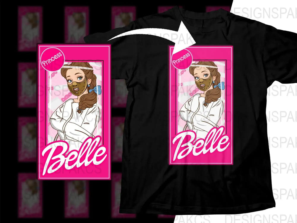 Princess Belle design on black t-shirt, print-ready PNG for DTF/DTG, embroidery & tumbler wraps