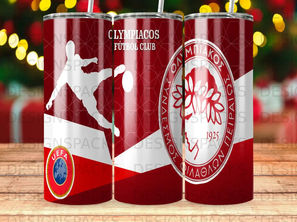 Olympiacos Futbol Club tumbler with team logo and UEFA emblem.