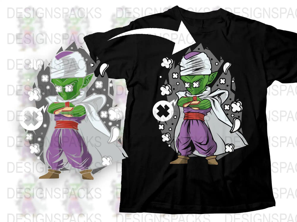 Dragon Ball Z Piccolo chibi design on black t-shirt, print-ready PNG for DTG/DTF, anime merch
