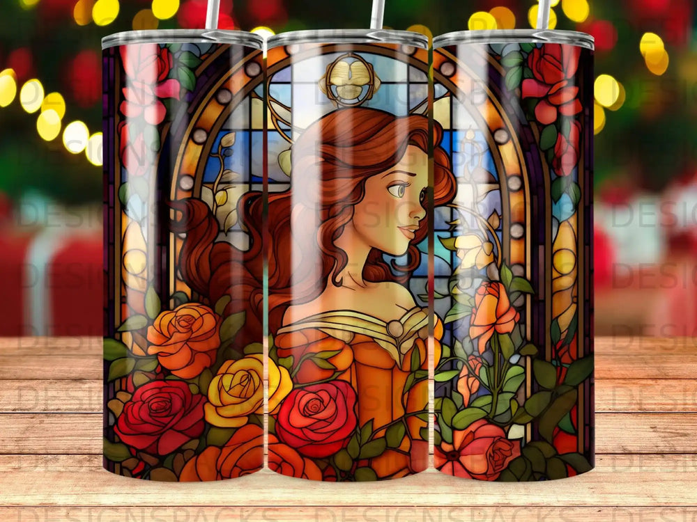 Belle from Beauty and the Beast surrounded by stained glass and roses.