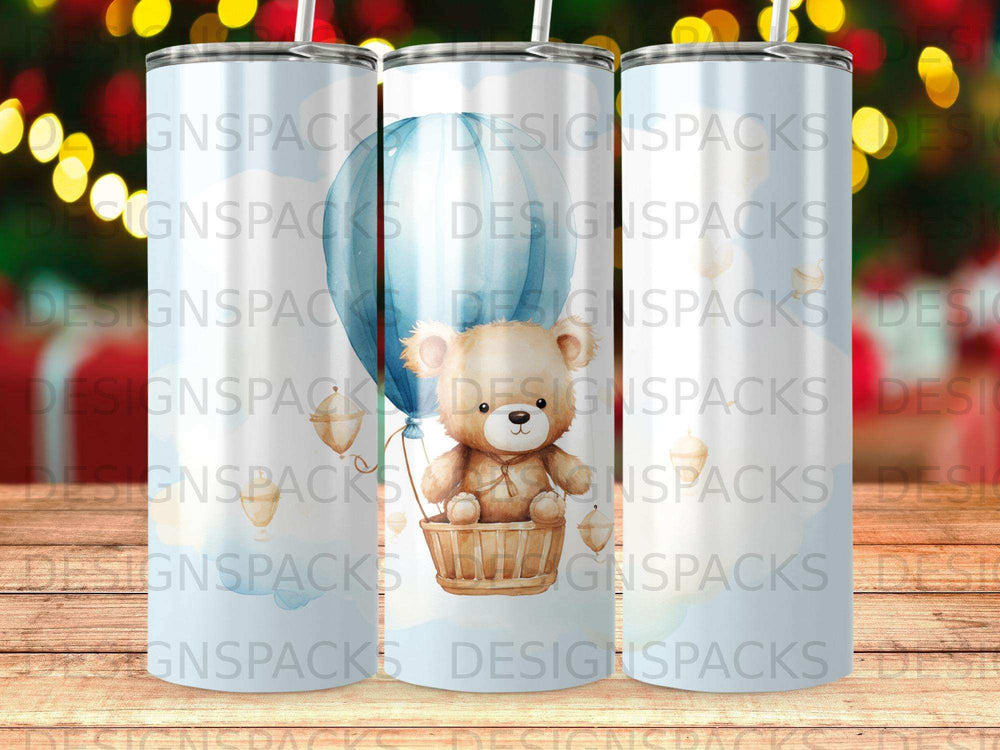 Teddy bear in a hot air balloon with clouds and festive lights background.