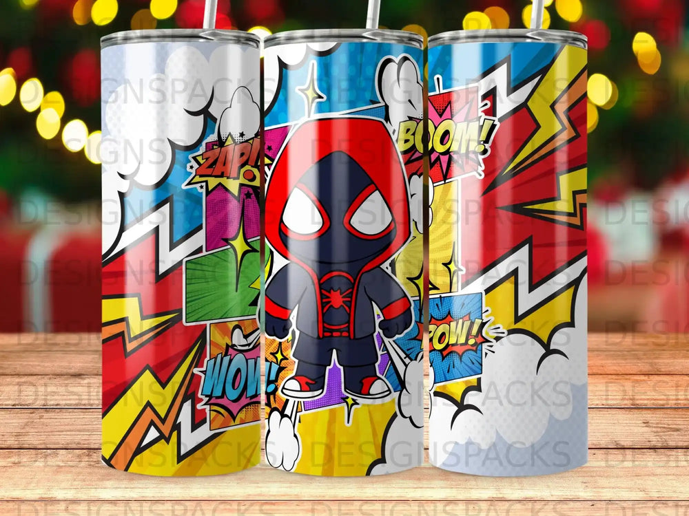 Spider-Man-themed tumbler with comic book action words and a stylized character.
