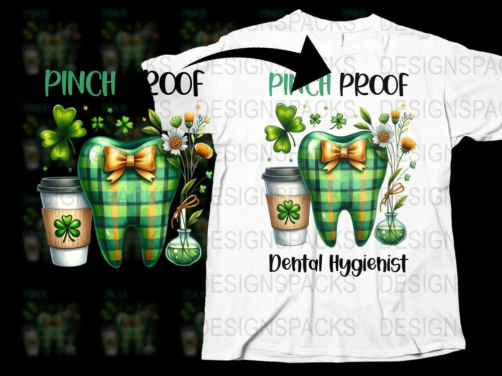 Pinch Proof Dental Hygienist t-shirt with green plaid tooth, shamrocks, and coffee cup design
