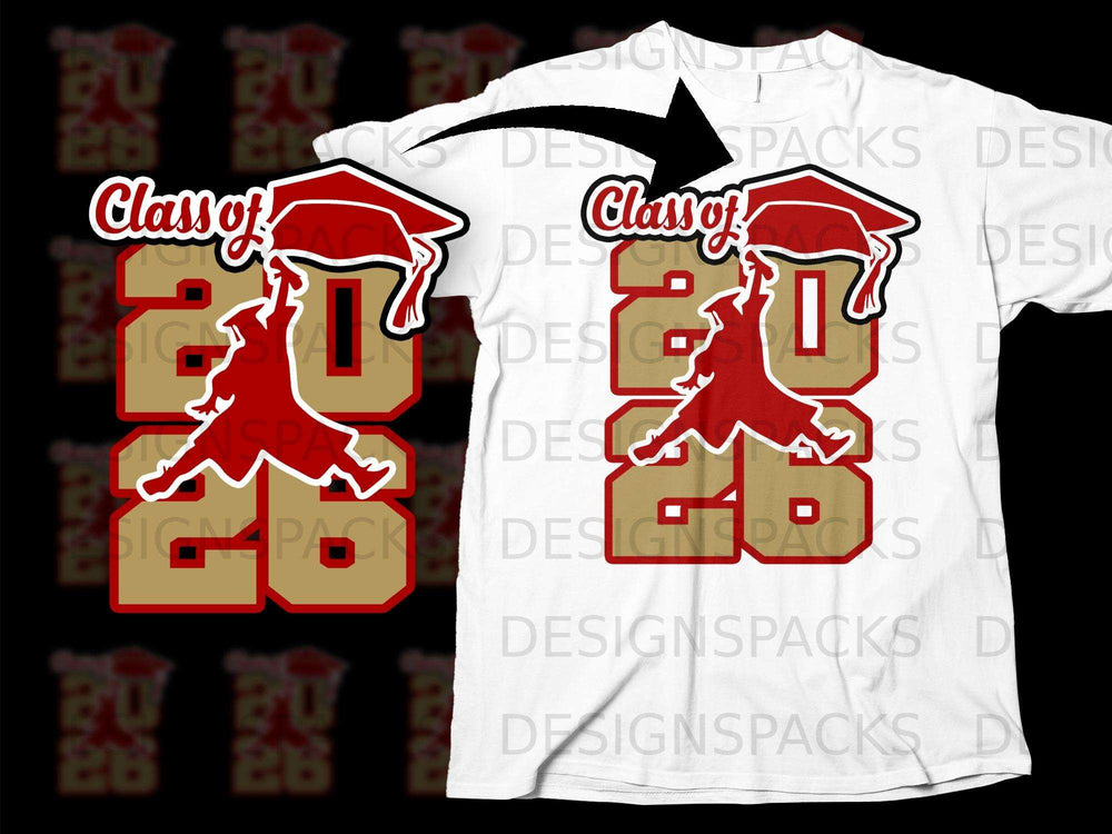"Class of 2026" graphic with graduation cap and silhouette on a t-shirt.