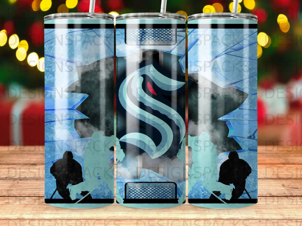 Seattle Kraken logo with hockey players and ice design on tumbler.