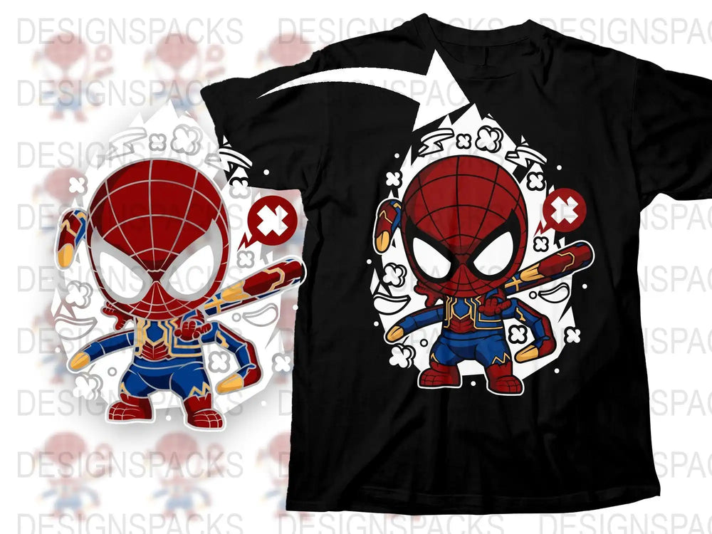 Cute Spider-Man design on black t-shirt, perfect for DTF/DTG printing with comic-style graphics.