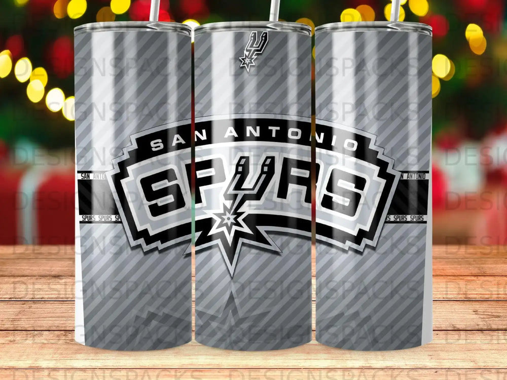 San Antonio Spurs logo and wordmark on a silver patterned tumbler.