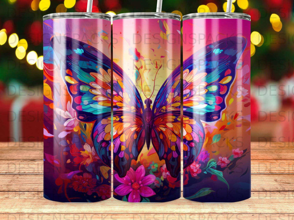 Vibrant butterfly with colorful wings on a floral background.