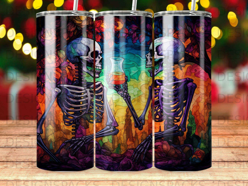 Two skeletons toast with drinks in a colorful, abstract, nature-themed scene.