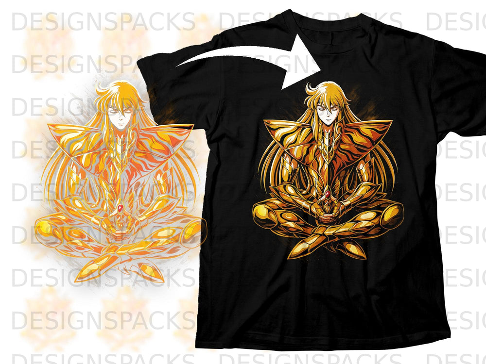 Black t-shirt with gold anime character in armor sitting cross-legged.