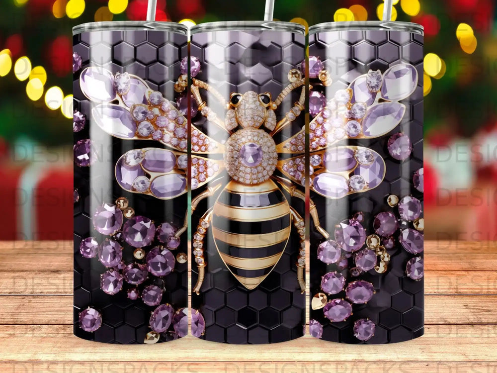 Bee with jeweled wings on hexagonal background with purple gemstones.