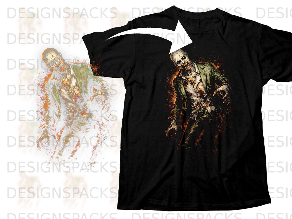 Black t-shirt featuring a graphic of a zombie with torn clothing and fiery splatter.