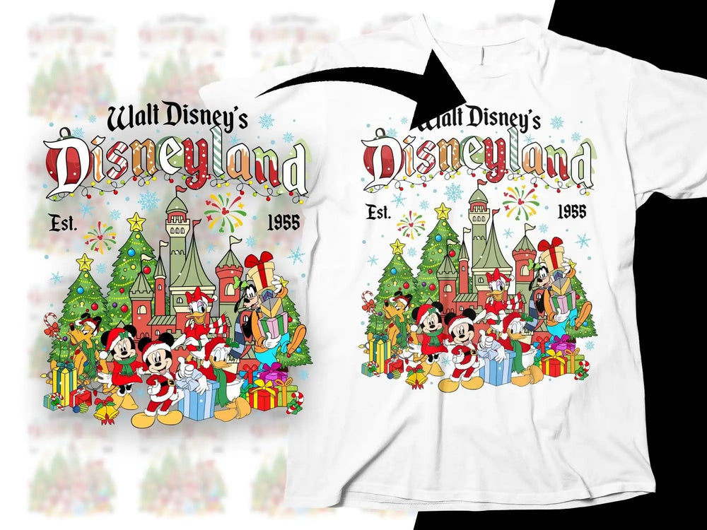 Disneyland Christmas design with Mickey, Minnie, and friends in festive holiday scene, print-ready for DTG/DTF